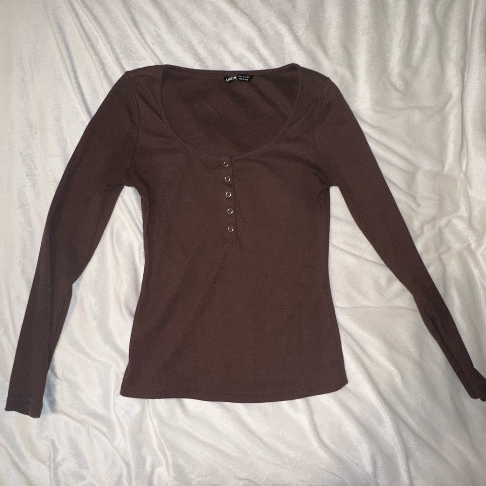 SHEIN Brown Fitted Buttoned Blouse